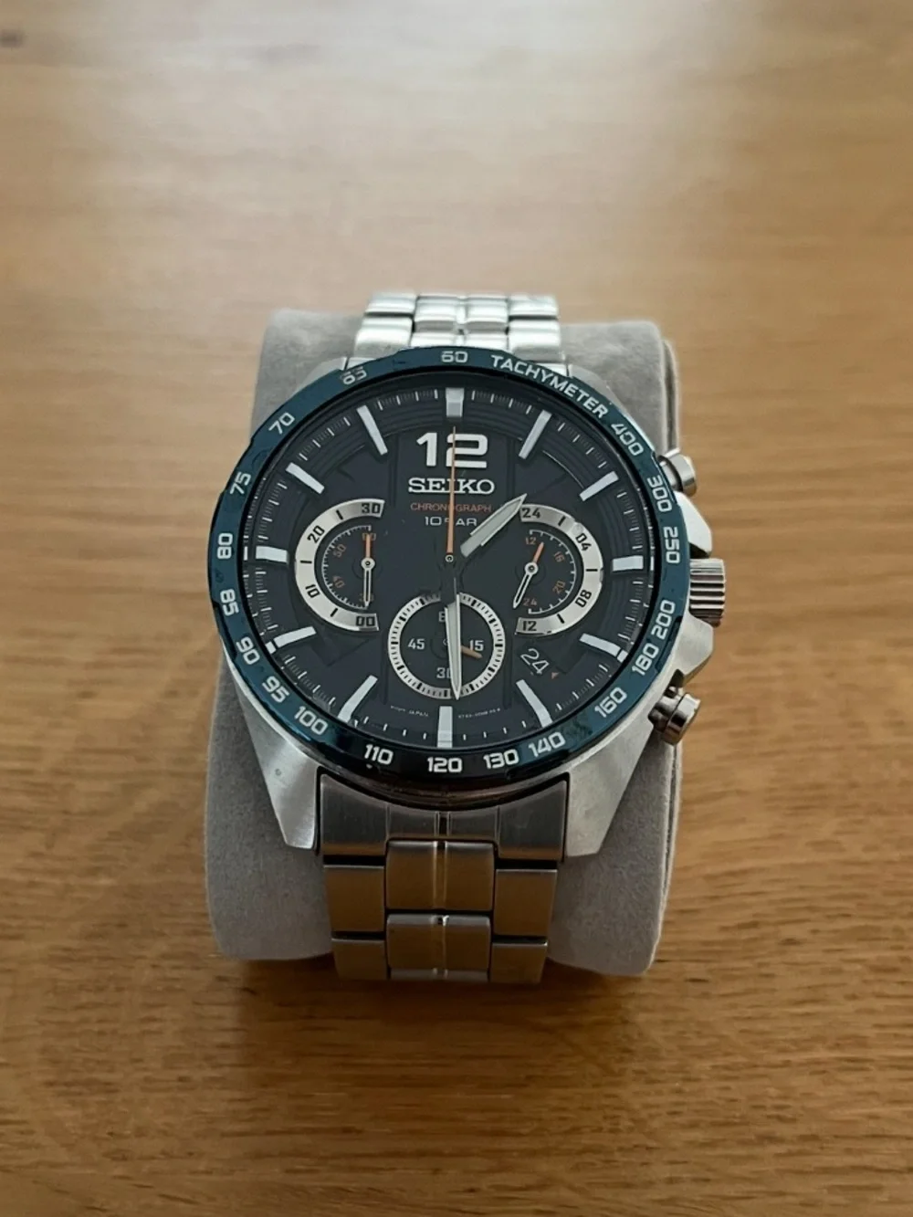 Seiko SSB345 Silver Stainless Steel Watch with Black and Blue Dial Accents